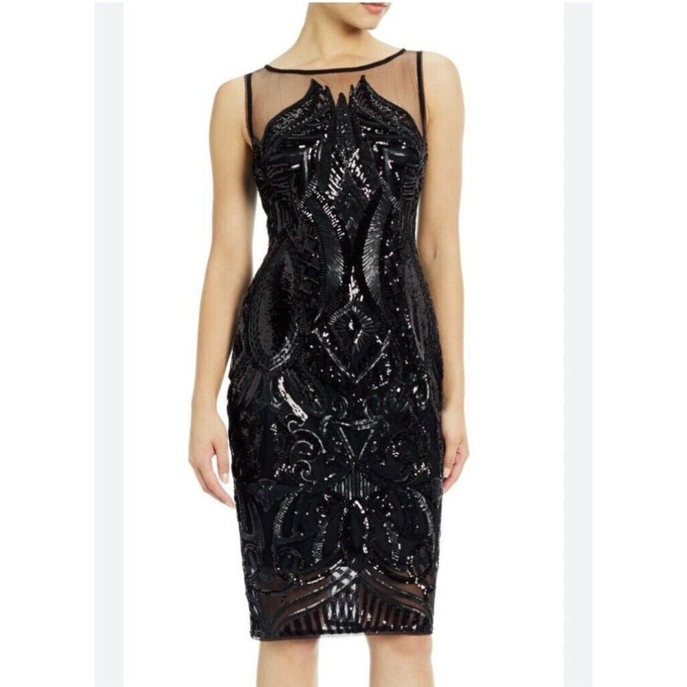 Adrianna Papell Dress 10 Black Sequins Mesh Illusion Bateau Sheath Party Holiday